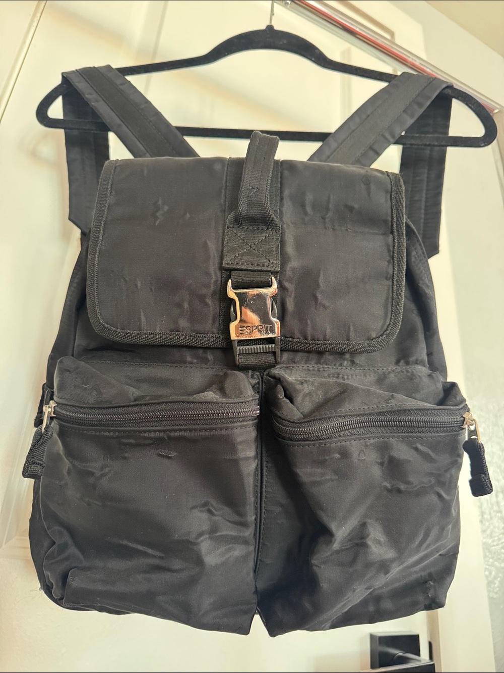 Esprit Black Nylon Backpack with Front Buckle and Dual Pockets